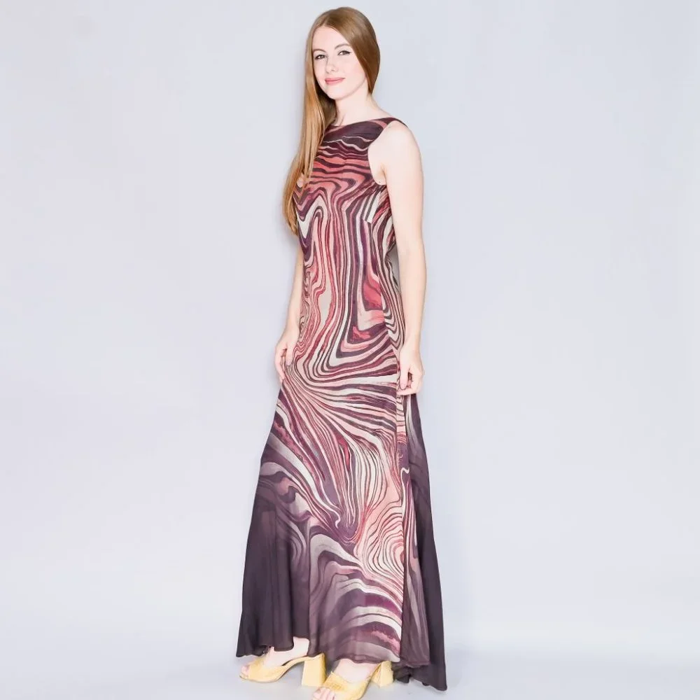 VINTAGE Unique 90s Swirly Stripes Geode Sleeveless Maxi Dress - Picture 6 of 8